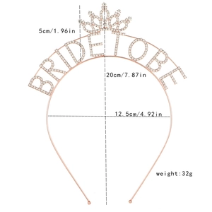 Rose gold Bride to Be headband detail with dimensions and sparkling crystal tiara