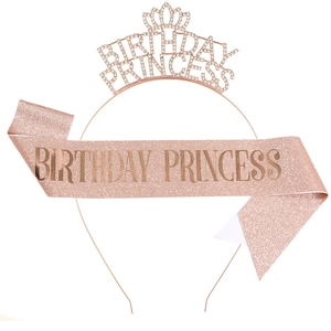 Rose gold Birthday Princess tiara and glitter sash set for girls birthday party
