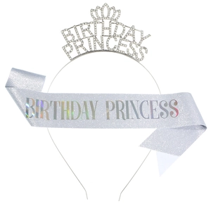 Silver birthday princess tiara and glitter sash set for party accessories detail view
