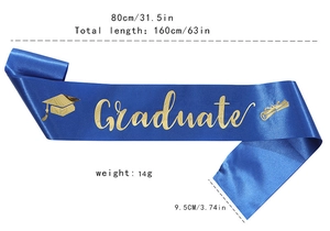 Blue graduation sash 160x9.5cm with gold Graduate lettering and diploma icons