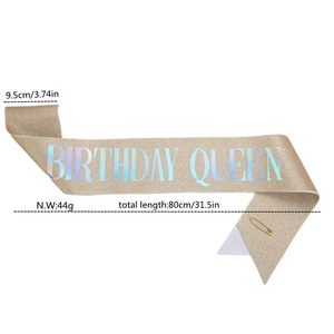Gold glitter Birthday Queen sash with iridescent text and safety pin accessory detail