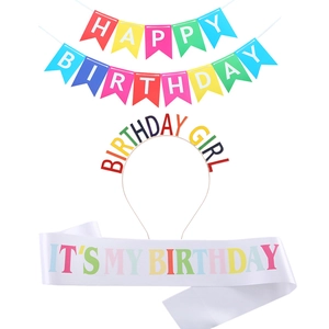 Set de fiesta cumpleaños arcoíris con pancarta, diadema y banda de satén decorativa
