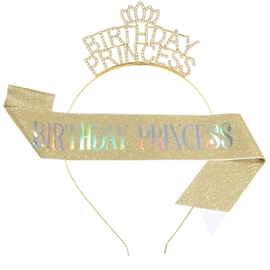 Birthday Princess set with golden rhinestone tiara and sparkling glitter sash accessory