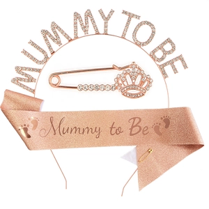 Rose gold Mommy to Be party set with rhinestone headband, glitter sash and crown pin