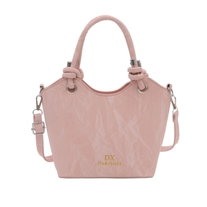 Pink pleated leather bucket bag for women with top handle and adjustable shoulder strap