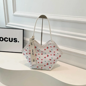 Sac Cabas Femme à la Mode en PU Grande Capacité Imprimé Cerise et Pois Sac à Bandoulière avec Sangle Imprimée Ouverture en V