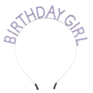 Silver birthday girl headband featuring sparkling purple rhinestone lettering