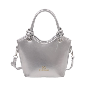 Silver metallic bucket bag with top handles and adjustable strap for women