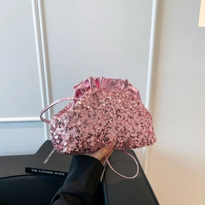 Women Ruched PU Leather Sequin Evening Bag Shimmering Cloud Bag Shoulder Crossbody Clutch Party Handbag With Slim Strap Bag