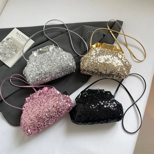 Sequin evening clutch bag collection in silver, gold, pink, and black colors