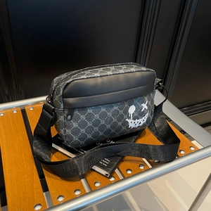 Chic 2025 crossbody bag with grey monogram pattern and white graffiti smile print