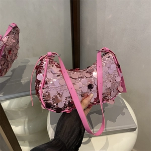 Fashion Sparkly Sequin Underarm Bag For Women Large Capacity Nylon Shoulder Bag Trendy Crescent Party Hobo Bag Y2K Street Style
