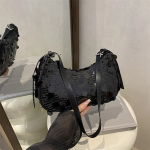 Fashionable black sequin hobo bag with adjustable shoulder strap and glossy finish