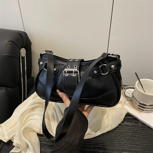 Chic black PU leather shoulder bag with punk rivet buckles and Y2K aesthetic design