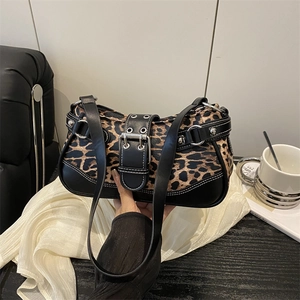 Retro leopard print underarm bag with black leather straps and silver buckle rivets