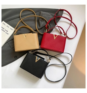 Vue détaillée de sacs carrés en beige rouge et noir avec boucles en métal V dorées