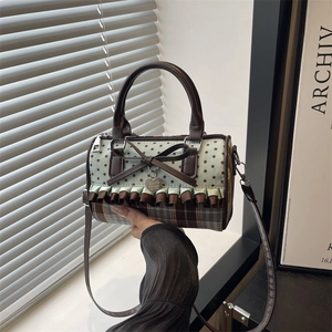 Sweet Retro Bow Polka Dot Plaid Patchwork Shoulder Bag For Women Fashion Star Print Ruffle Handbag With Heart Pendant