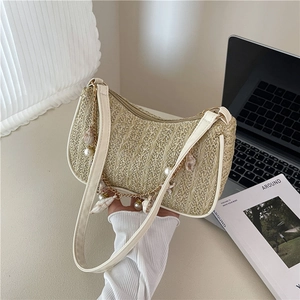 Woven Straw Underarm Bag For Women Shell Artificial Pearl Metal Chain Decor Beach Shoulder Bag Casual Boho Vacation Travel Purse