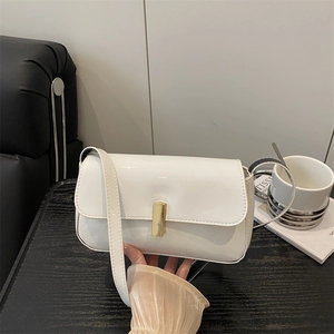 Glossy white patent leather shoulder bag with vintage gold buckle for women