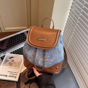 Women Fashion Mini Backpack Nylon PU Leather Patchwork Contrast Color Large Capacity Travel Bag Cartoon Cat Print Chain Decor