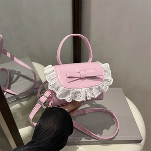 Mini Sweet PU Leather Square Bag With Bow White Lace Trim Top Handle Adjustable Strap For Women Girls Daily Handbag