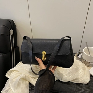 Sac à Aisselle en PU Urbain Simple pour Femmes Texture de Litchi Fermoir à Verrou Doré Sac à Épaule Mode Main