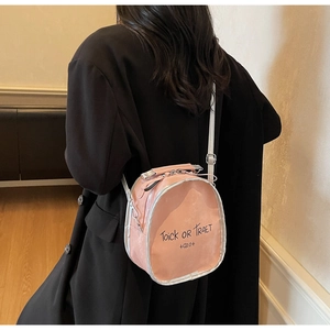 Pink backpack with transparent window and adjustable straps shown on person back