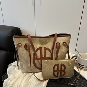 Two-piece large capacity canvas tote bag with brown leather trim and letter print