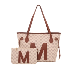 Large capacity monogram tote bag set with brown leather straps and M-letter print