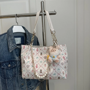 Sac fourre-tout blanc à imprimé animal mignon avec chaîne de perles et breloque lapin