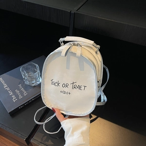 Mini white leather backpack with letter print and metal zippers for trendy women