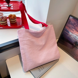 Fashion Women Canvas Tote Bag Contrast Color Plaid Striped Large Capacity Shoulder Bag Trendy Street Style Casual Handbag