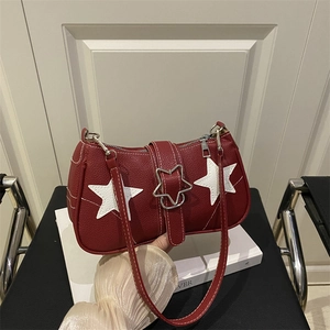 Women Vintage Star Patch Underarm Bag Retro PU Leather Shoulder Bag Contrast Stitching Star Buckle Chic Baguette Handbag