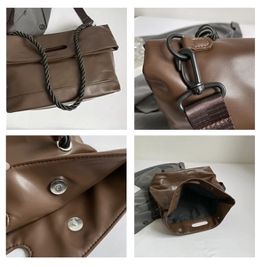 Detail view of brown PU leather tote with woven rope handle and magnetic snap closure