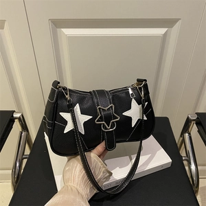 Minimalist black lychee leather underarm bag with white star patterns and star metal buckle