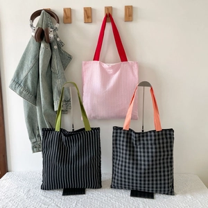 Large checkered and striped canvas tote bag for women with colorful contrast handles