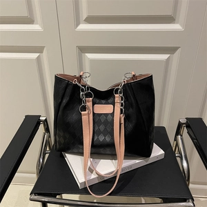Retro PU Leather Large Capacity Tote Bag For Women Rhombic Pattern Metal Chain Shoulder Bag Daily Commute College Handbag