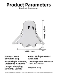 Ghost crossbody bag dimensions: 23cm height, 20cm width, and 7cm depth details