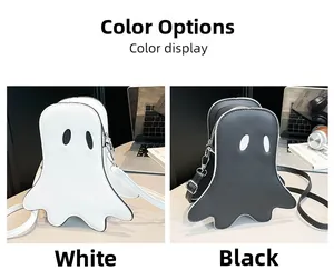 Ghost-shaped shoulder bags in black and white colors with adjustable straps and zipper