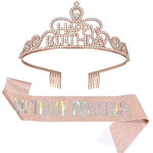 Corona Happy Birthday de oro rosa con diamantes y banda de Birthday Princess