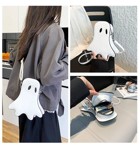 Detailed views of a ghost-shaped crossbody bag featuring interior capacity and model styling