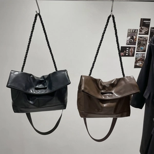 Large capacity soft PU leather tote bag with woven rope strap in black and brown colors
