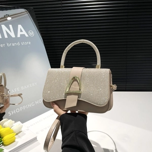 Elegant Patchwork Rhinestone Small Square Bag For Women Shiny PU Leather Shoulder Crossbody Handbag With Gold Metal Buckle