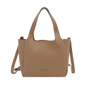 Minimalist light brown lychee grain leather tote bag with shoulder strap on white background