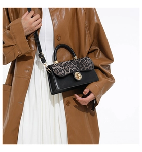 Detail der Mini-Quadrat-Handtasche mit Leopardenprint-Klappe und goldenem Griff