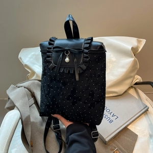 Sweet black backpack with embroidery bow, pearl pendant and ruffled sequin details