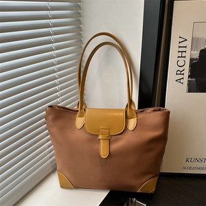 Sac cabas en nylon contrasté marron et jaune, grand sac à main décontracté pour femme