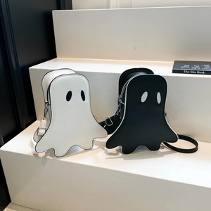 Ghost-shaped Halloween crossbody bags in black and white PU leather with adjustable straps