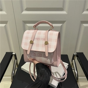 Fashion Checkered Women Backpack Large Capacity PU Leather Travel Bag For College Students With Cartoon Bear Charm