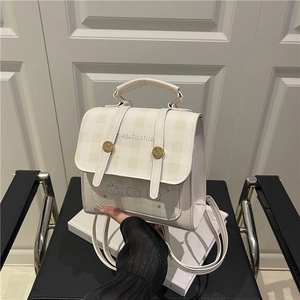 Chic plaid backpack for women featuring cute bear patterns and top handle in beige white